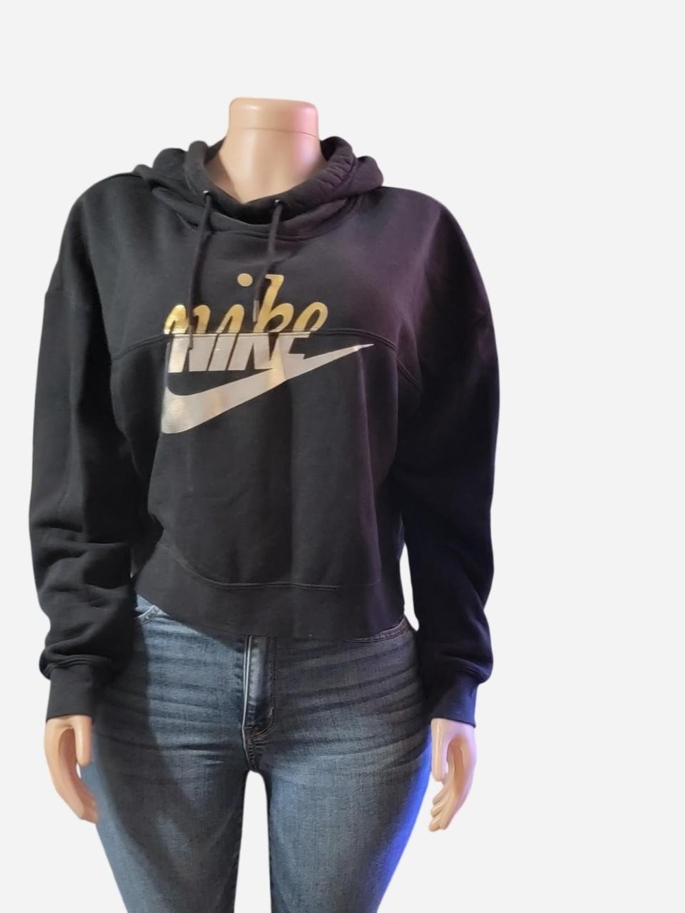 Nike Black Cropped Hoodie with Metallic Gold & Silver Logo